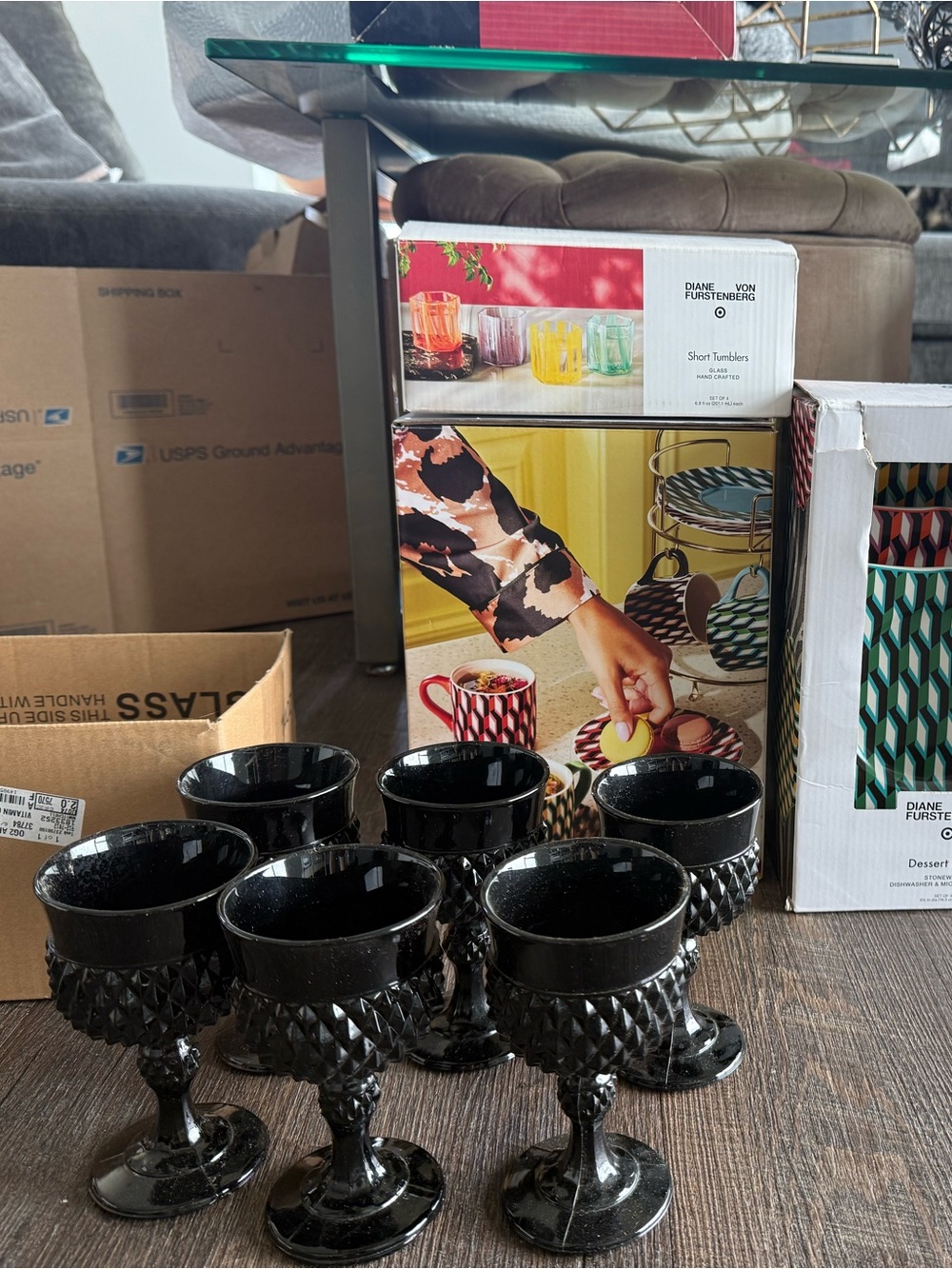 Indiana Glass Diamond Point Black Vintage Tiara Goblets Set Of 6 Goth Dining - Picture 3 of 3
